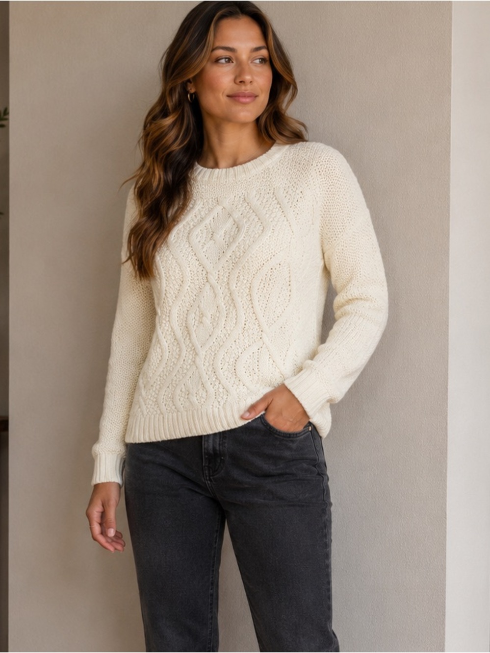 Lands' End Women's Cream Cable Knit Sweater Petite Large